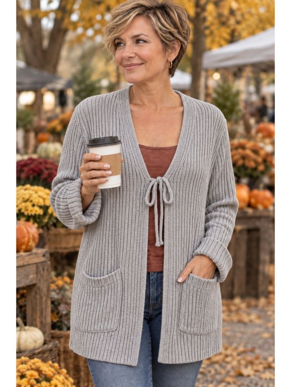 John Paul Richard Women's XXL Gray Ribbed Knit Cardigan Tie Front Pockets NWT